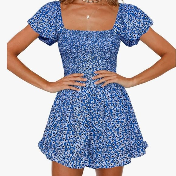 Blue Floral Capped Sleeved Romper - Picture 1 of 2